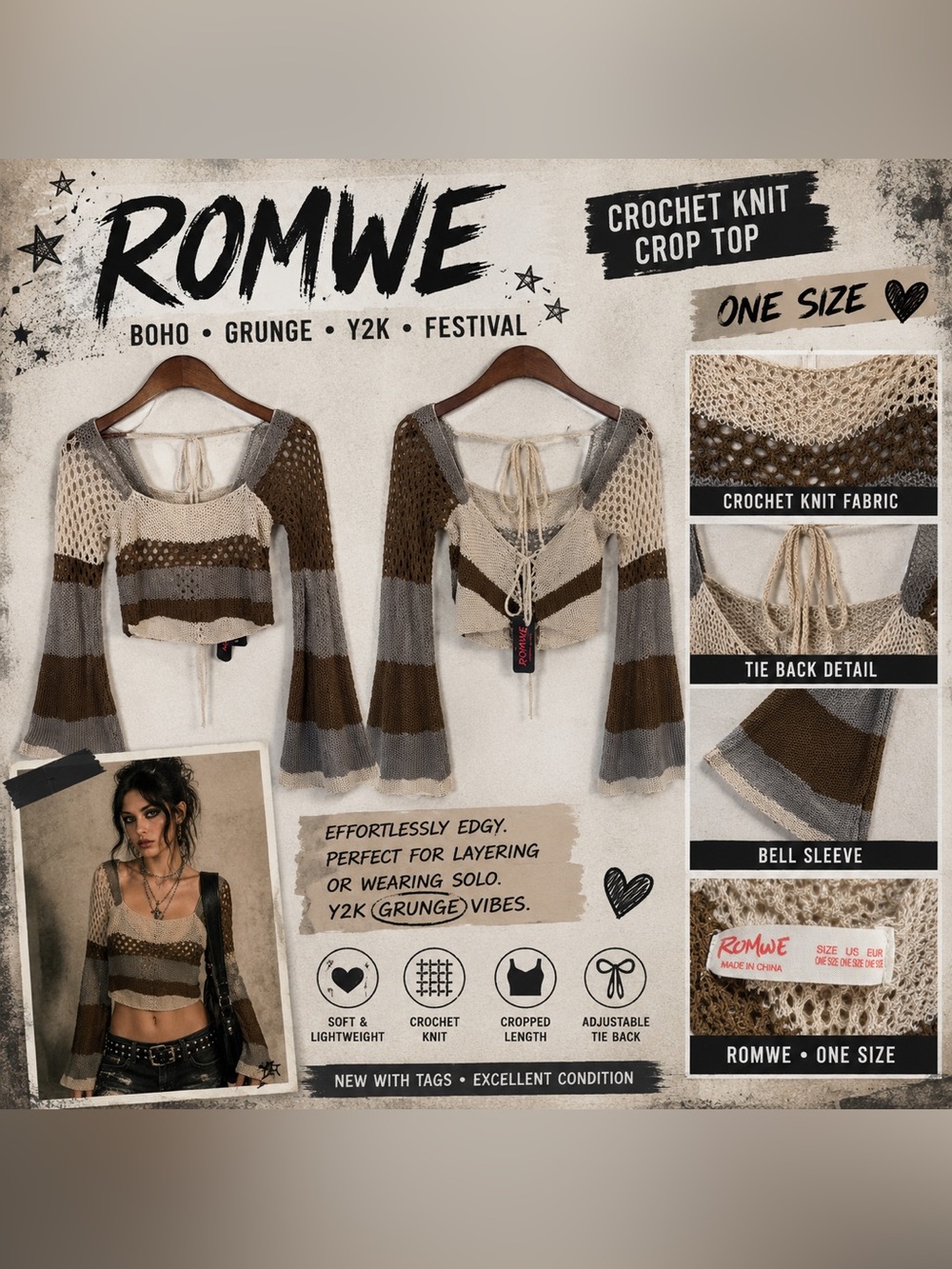 ROMWE Crochet Knit Crop Top Bell Sleeve Tie Back Boho Grunge Festival Sweater
